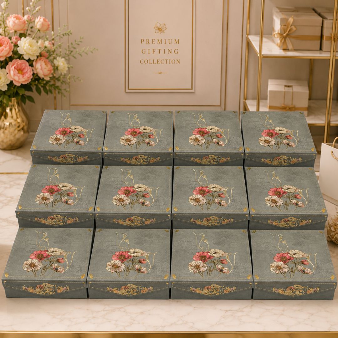 Pack of 5 Grey Floral Printed Square Gift Box – Premium Gift & Hamper Packaging Box - Adscraft.in