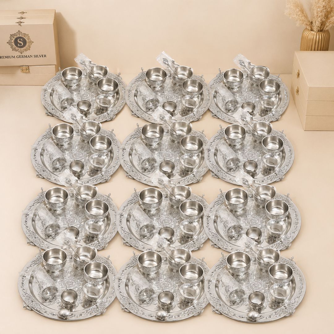 Premium German Silver Serving Set with Embossed Round Tray for Festive Gifting & Pooja Use - Adscraft.in