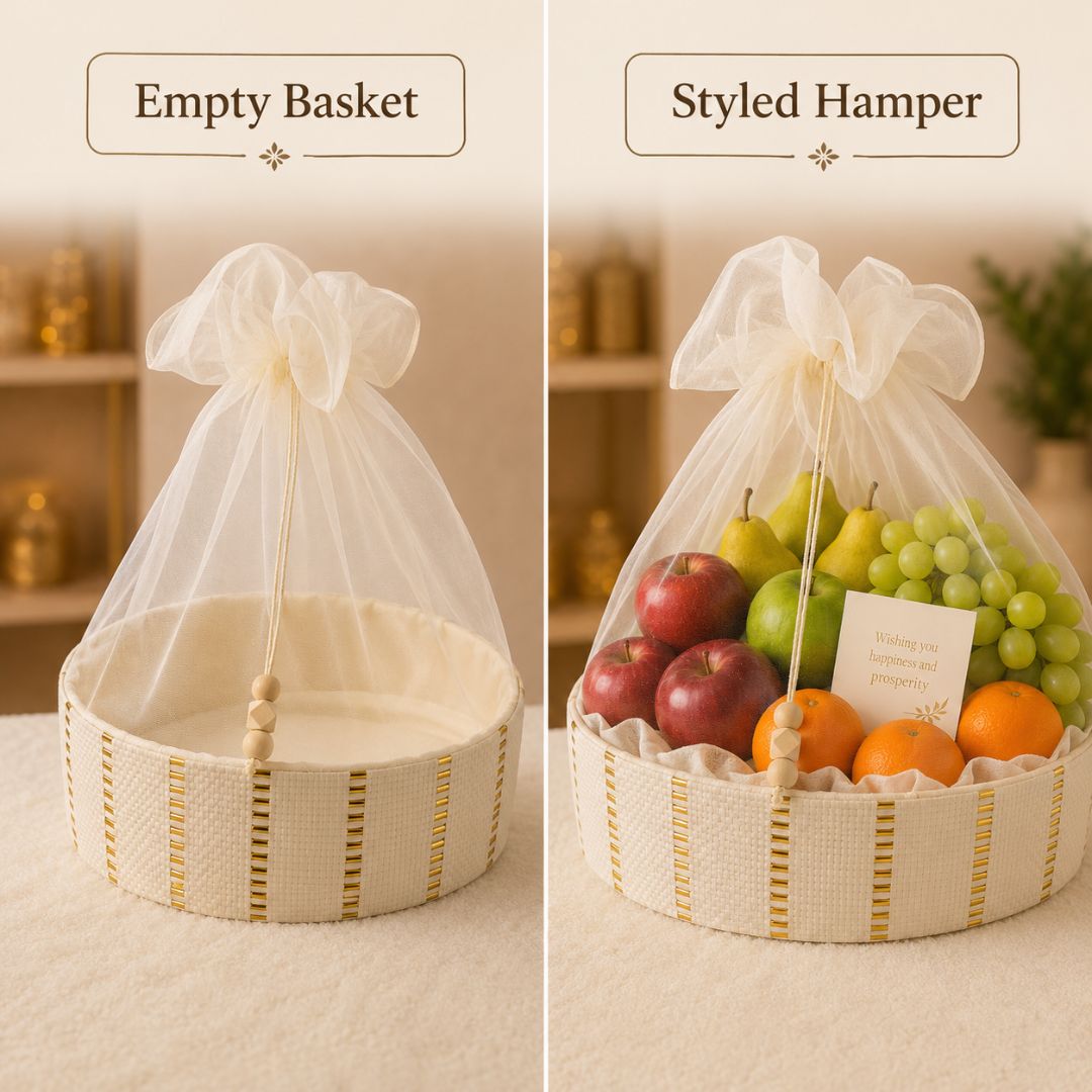 Set of 2-Ivory Gold Round Net Hamper Basket