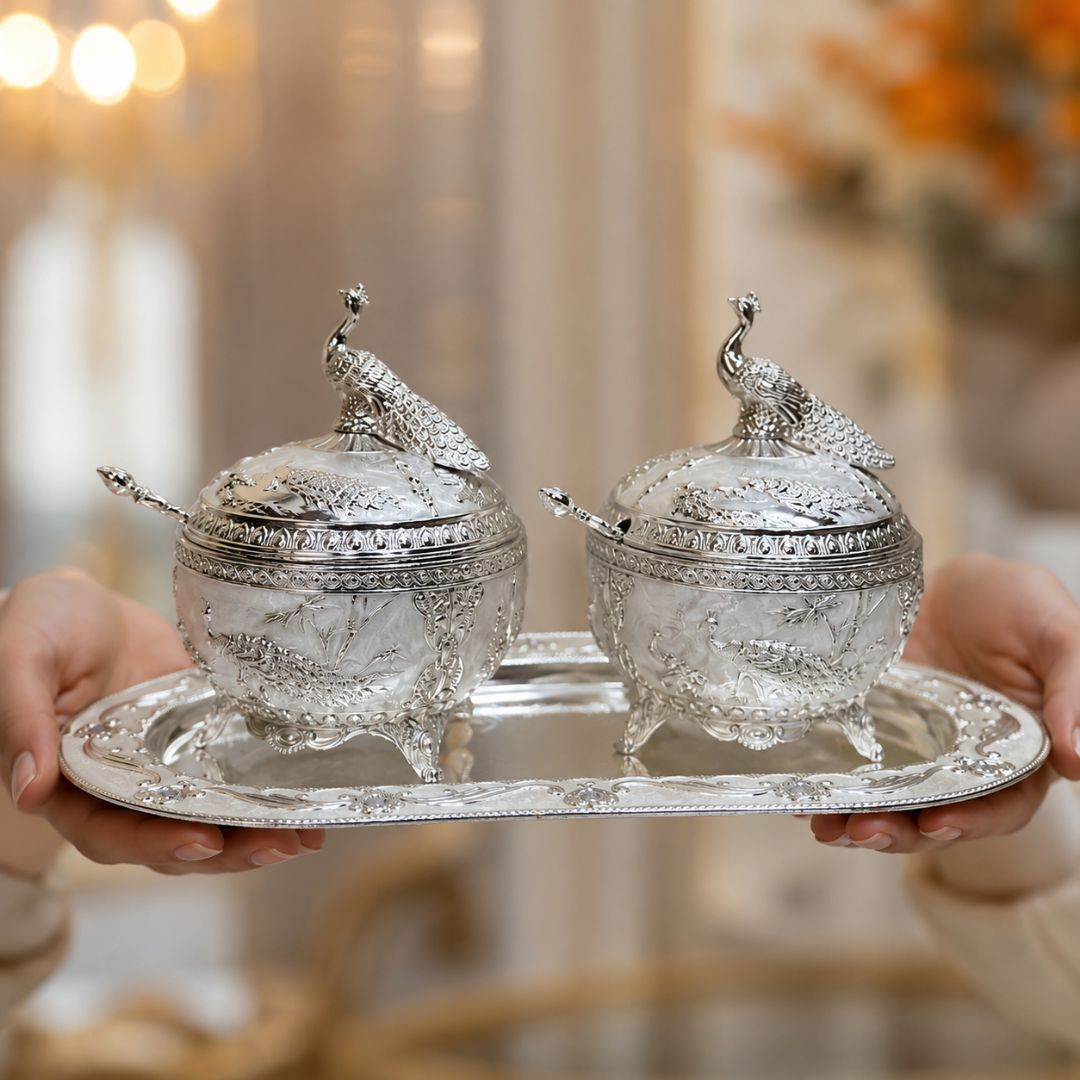 German Silver Peacock Serving Set with Spoon