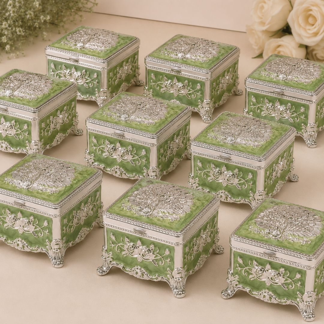 Royal Green Floral Metal Jewellery Box with Velvet Lining (3 x 3 x 2 Inch)