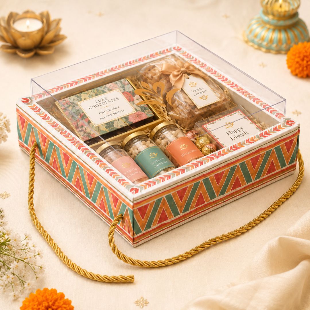 Pack of 5 -Transparent Lid Festive Gift Tray Box