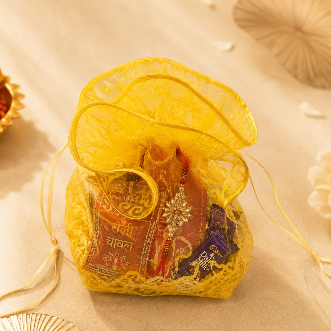 Pack of 5 Yellow Organza Potli Gift Bag