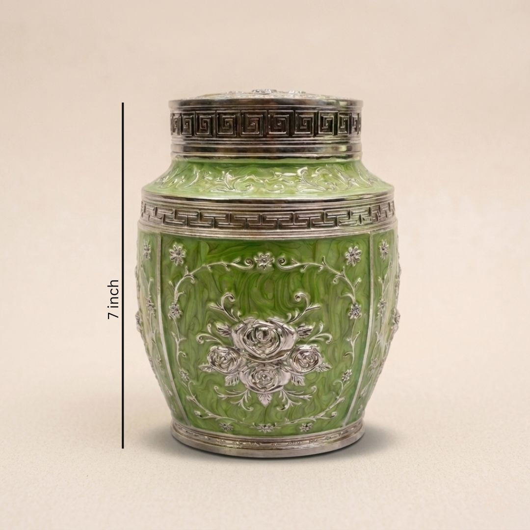 Luxury Green Floral Enamel Storage Jar with Silver Detailing – 7 Inch Decorative Dry Fruit & Sweet Container