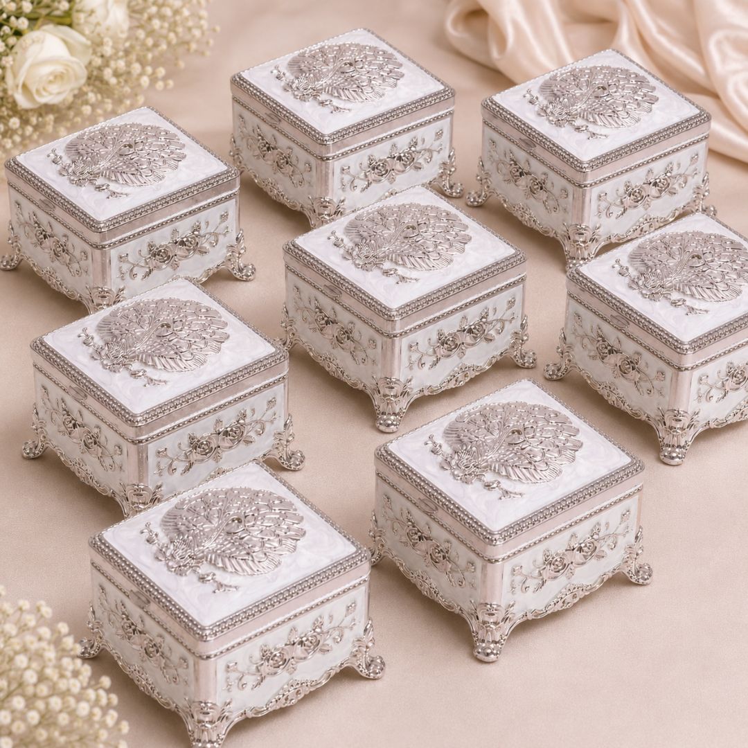 Royal White German Silver Peacock Jewellery Box (3 x 3 x 2 Inch)