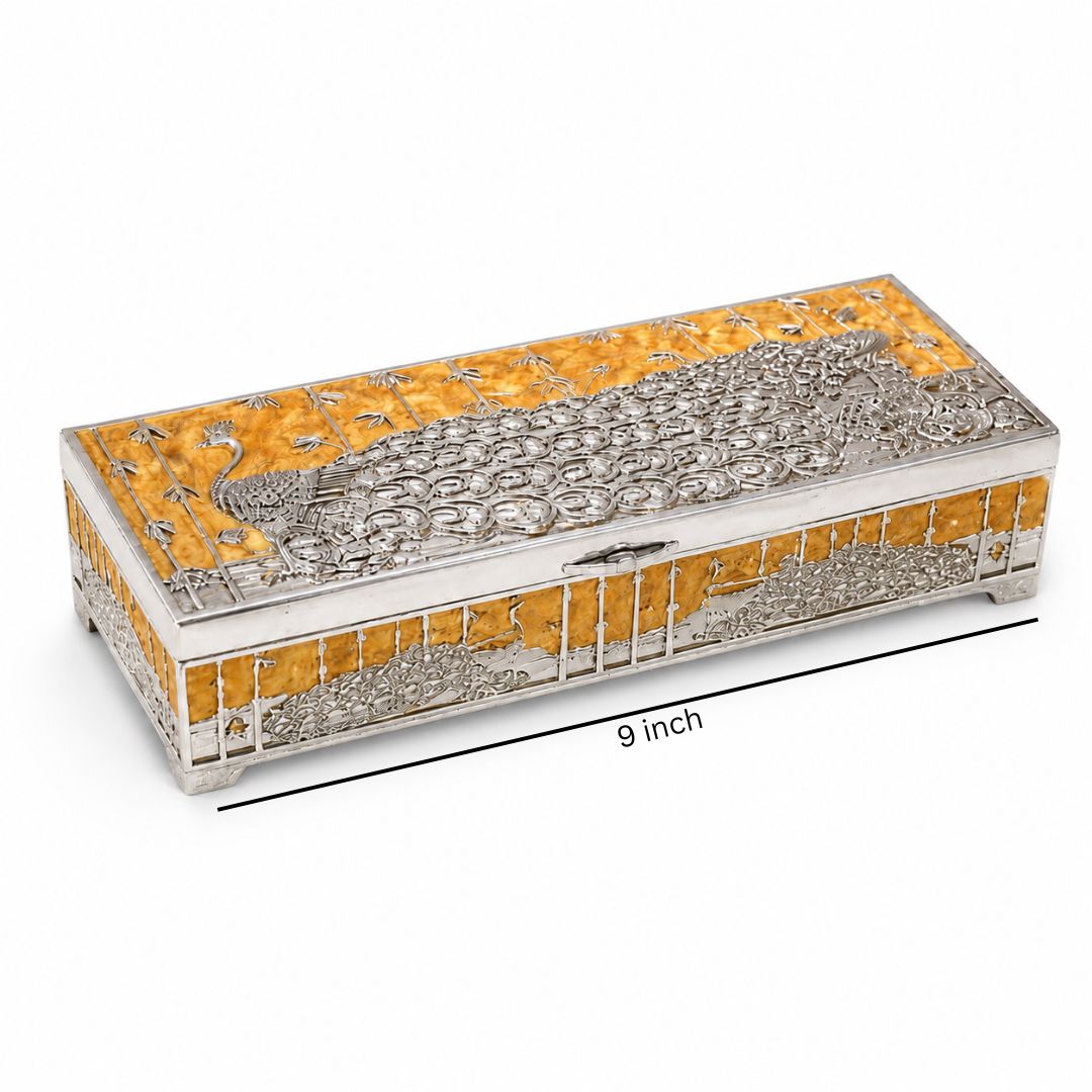 Premium German Silver Peacock Dry Fruit Box with Orange Enamel Finish (9 x 3.5 x 2 Inch)