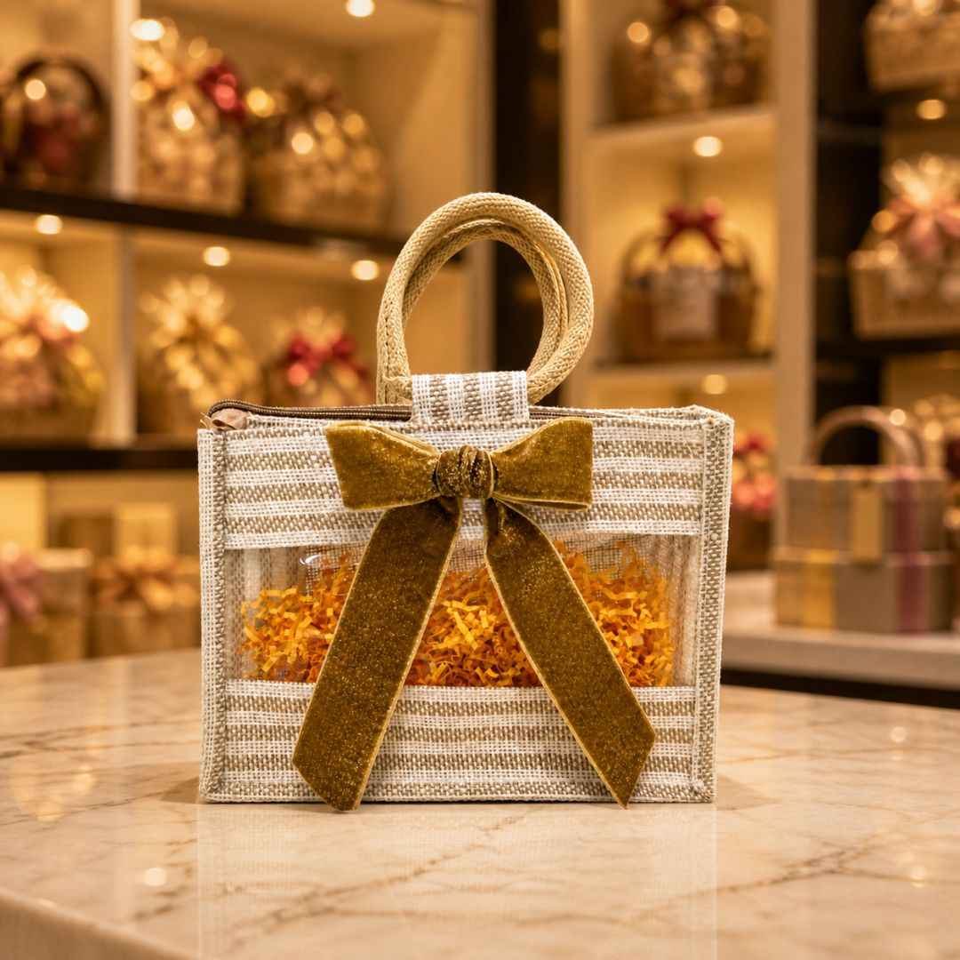 (Set of 5)Premium Jute Gift Bags with Transparent Window & Golden Bow – 12 x 15 Inches