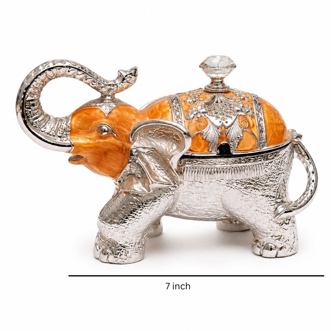 Luxury Elephant Shape Dry Fruit Container with Lid – Silver & Orange Finish (8 Inch)