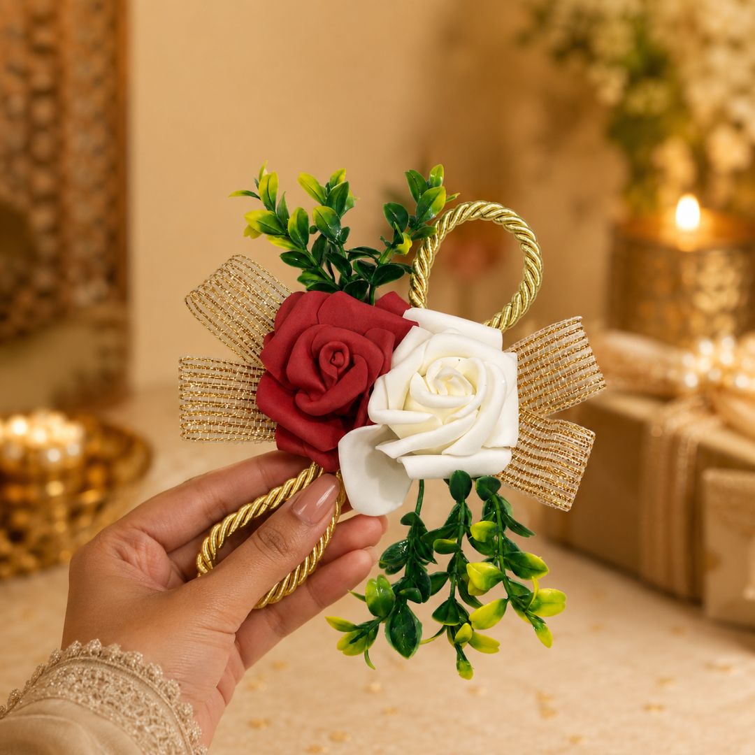 Pack of 5 Maroon & White Rose Golden Ribbon Decorative Accessories