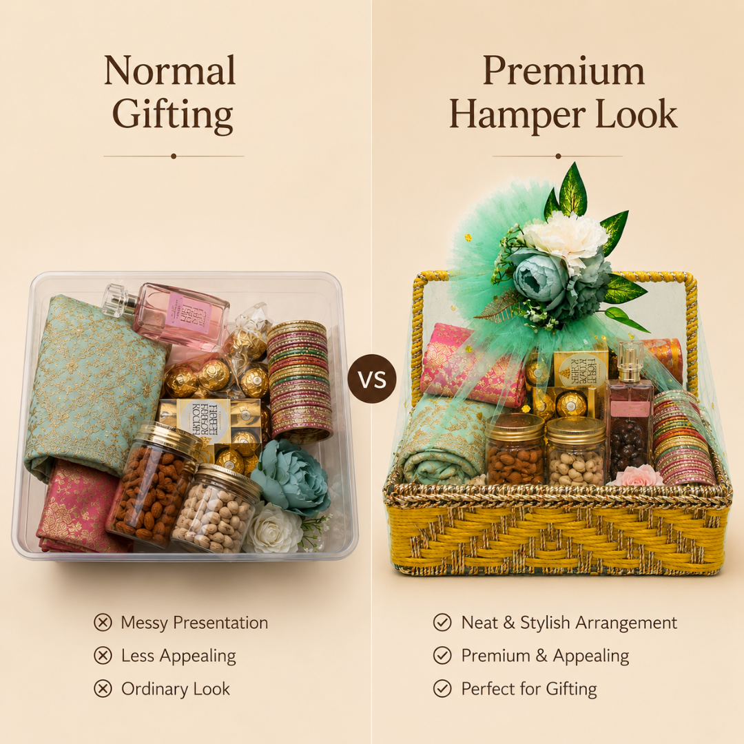 (Set of 3 )Premium Yellow Handwoven Trousseau Basket Set with Mint Net Decor –