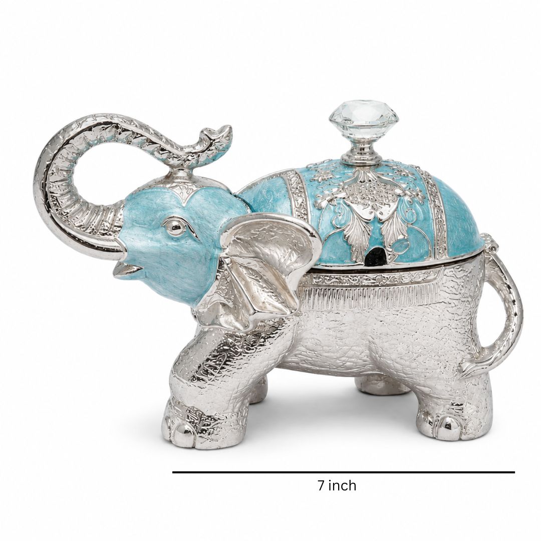 Luxury Silver Elephant Dry Fruit Box with Blue Enamel Finish | Decorative Storage & Gifting Box (8 x 6 Inch)