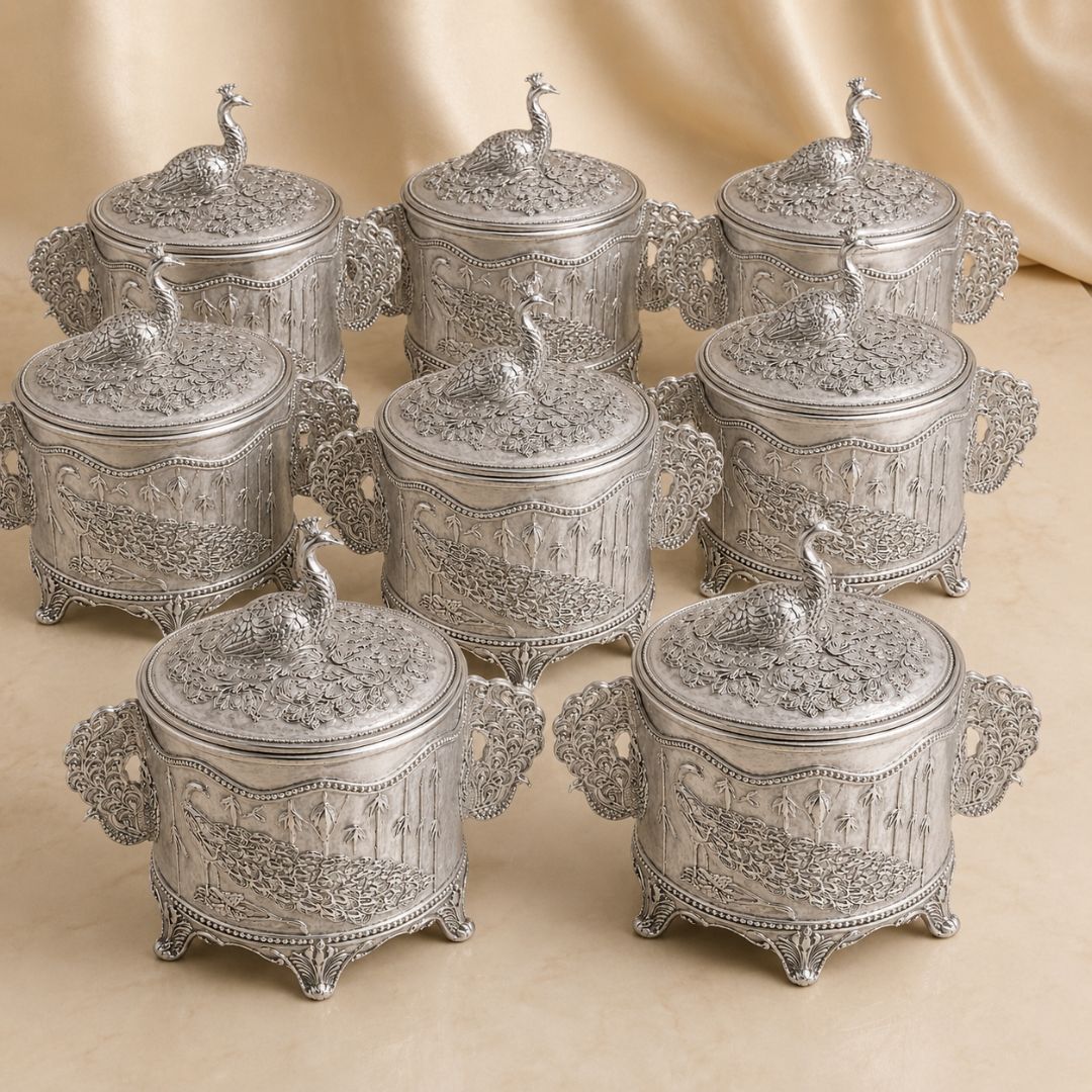 Royal Peacock German Silver Dry Fruit & Sugar Pot – Classic Silver Finish (4 Inch) - Adscraft.in