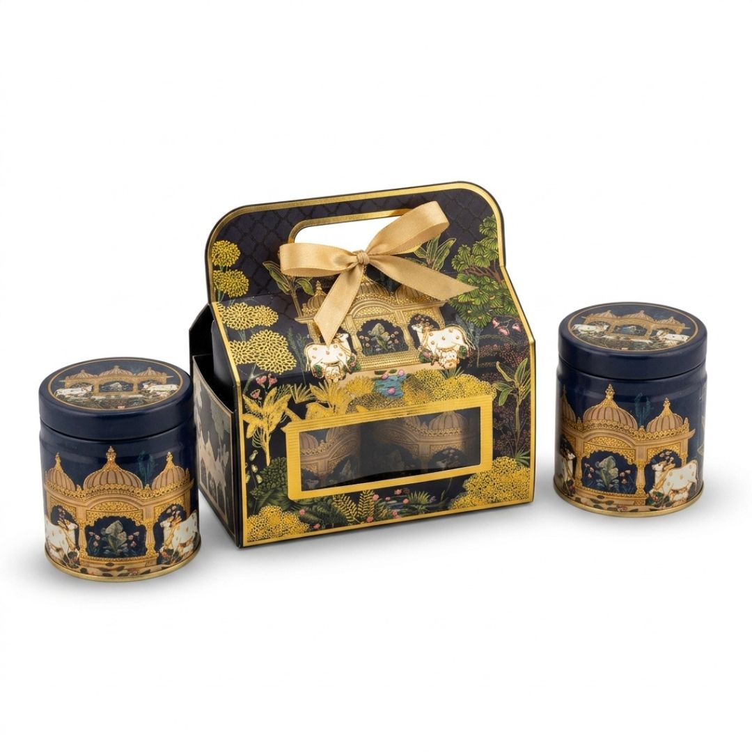 Pack of 6 Royal Blue Palace Printed Metal Tin Box with Lid – Premium Gift & Dry Fruit Packaging Box - Adscraft.in