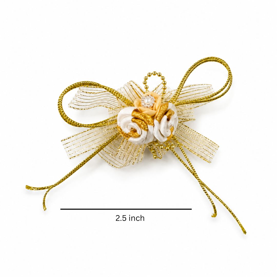 Set of 5 Golden & White Ribbon Floral Decorative Accessories for Hamper Packing