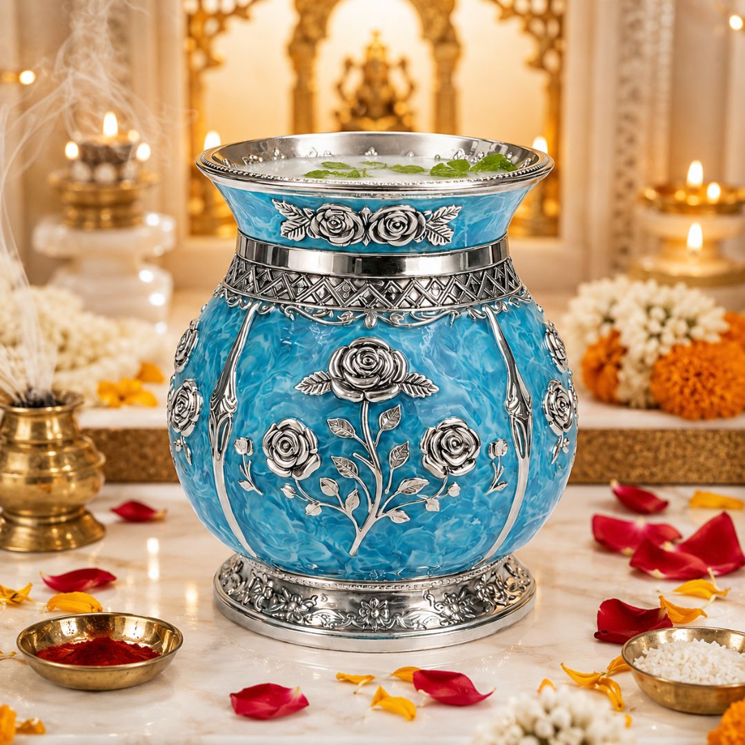 German Silver Floral Kalash with Sky Blue Enamel Work