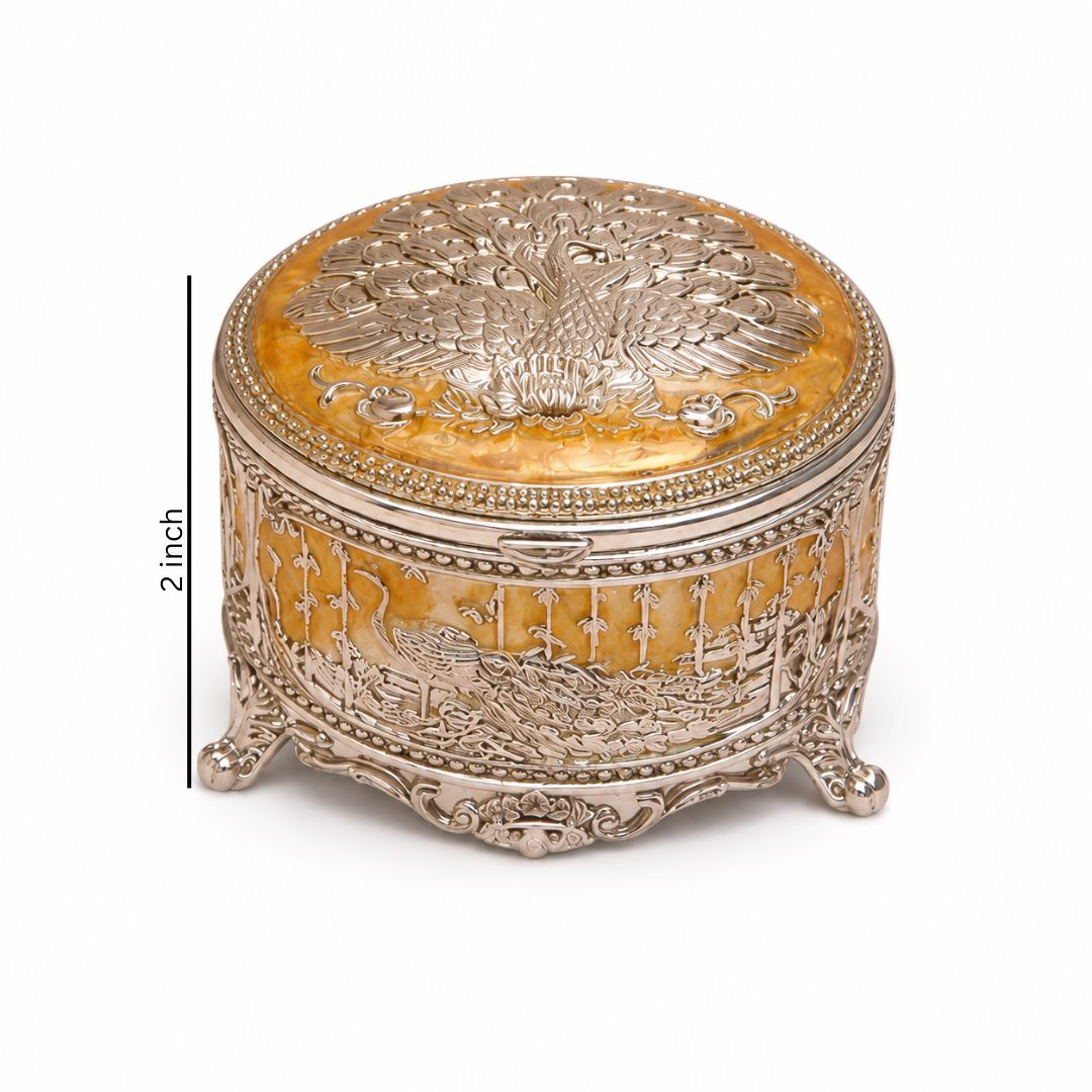 Premium German Silver Peacock Jewellery Box – 3 Inch Round with Velvet Interior
