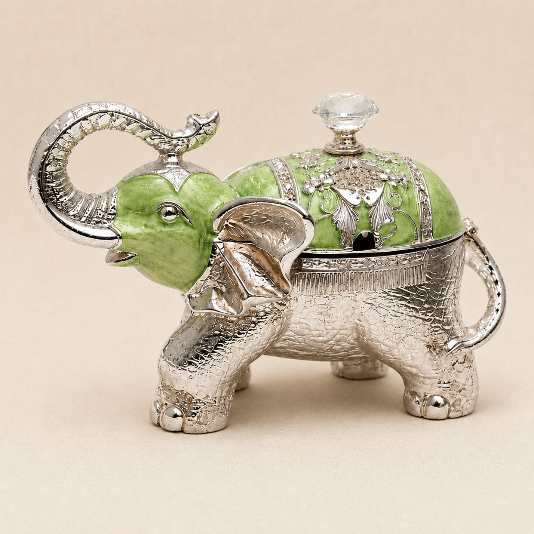 Luxury Silver Elephant Dry Fruit Box – Green Finish | 8 x 6 Inch Decorative Gift Box