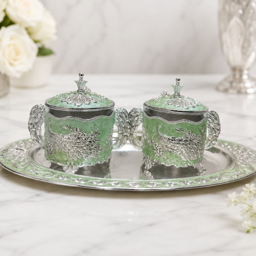 German Silver Green Peacock Container Set with Tray