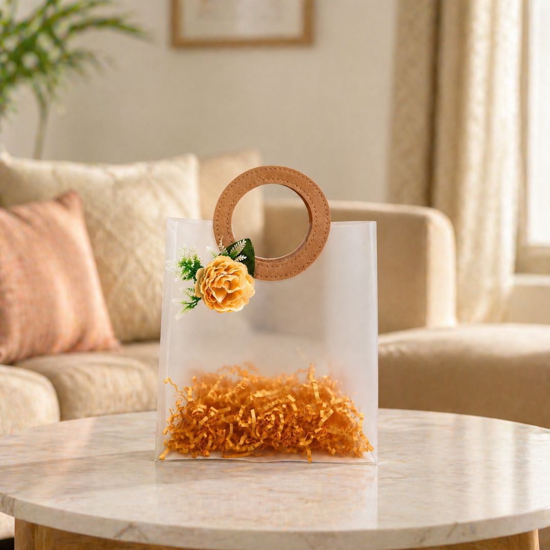 (Set of 5)Premium Frosted Gift Bag with Designer Handle & Floral Accent –(7 x 10 Inches)