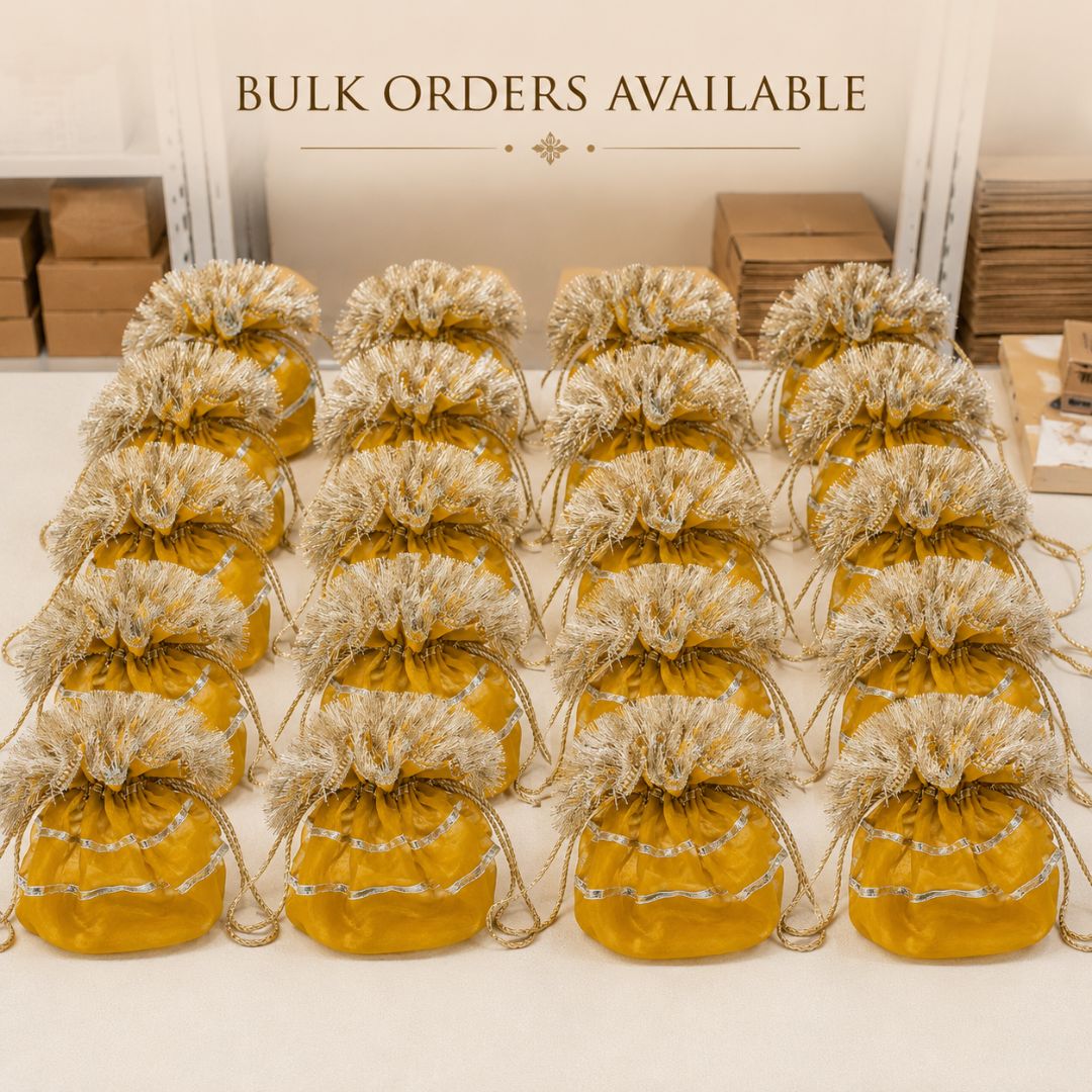 Pack of 5 -Mustard Yellow Gold Lace Drawstring Potli Bag