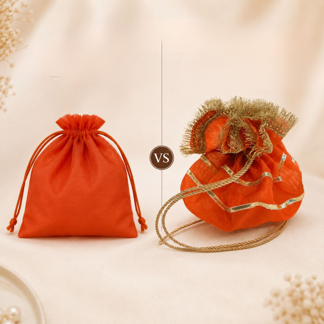 Pack of 5-Orange Gold Lace Drawstring Potli Bag