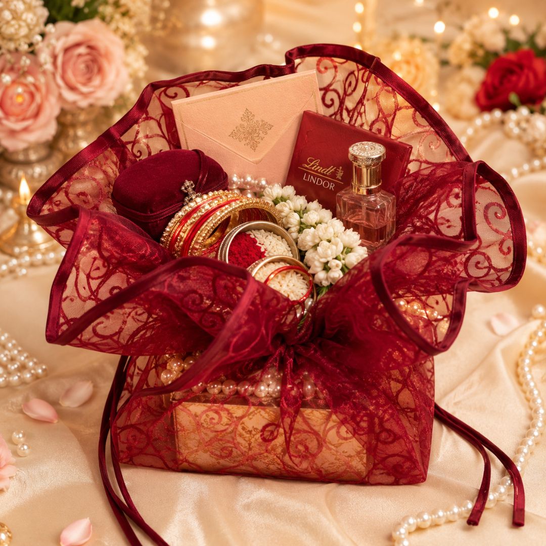 Red Organza Potli Gift Bag Pack of 5 with Golden Base