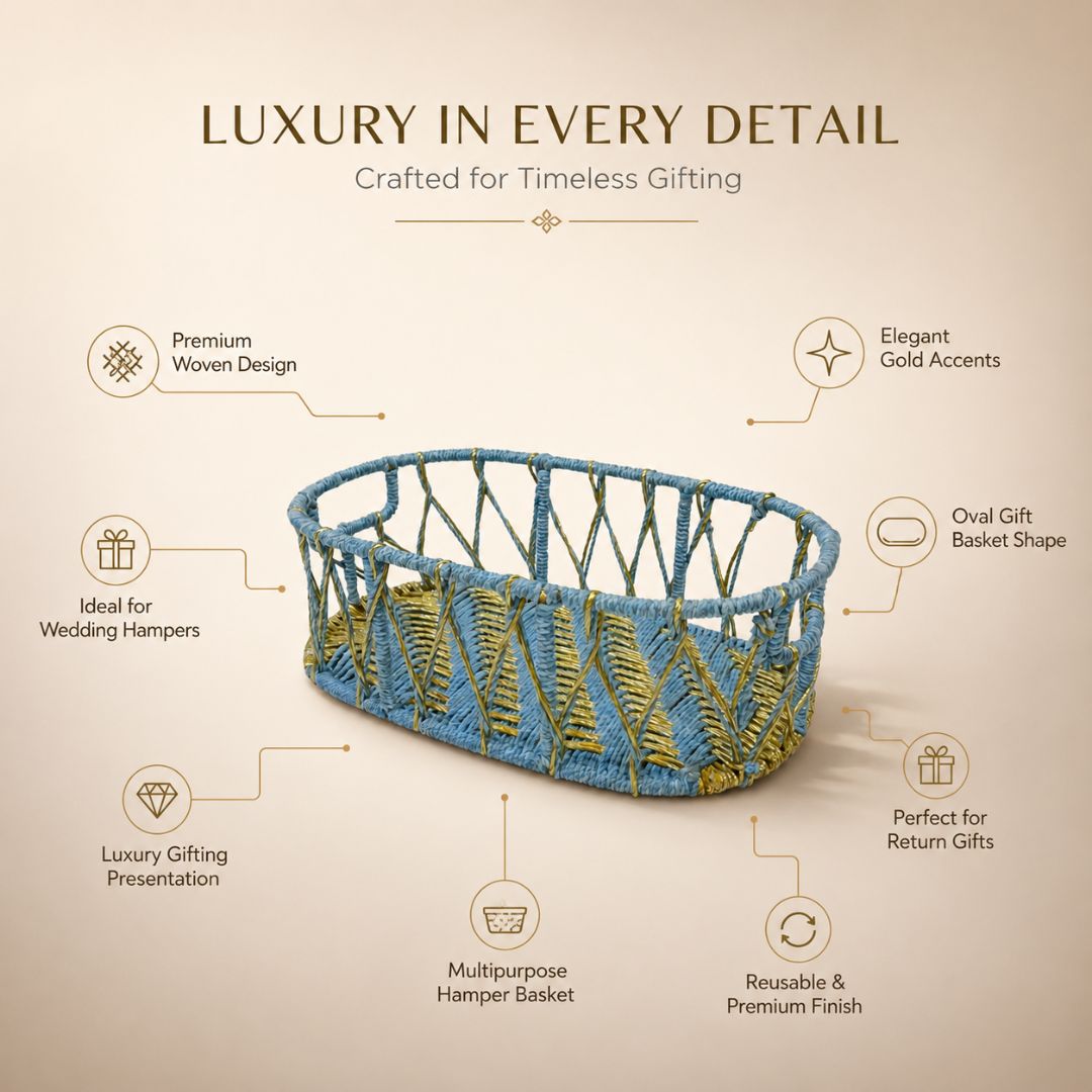 Sky Blue & Golden Decorative Basket Set of 3 – Premium Hamper Basket