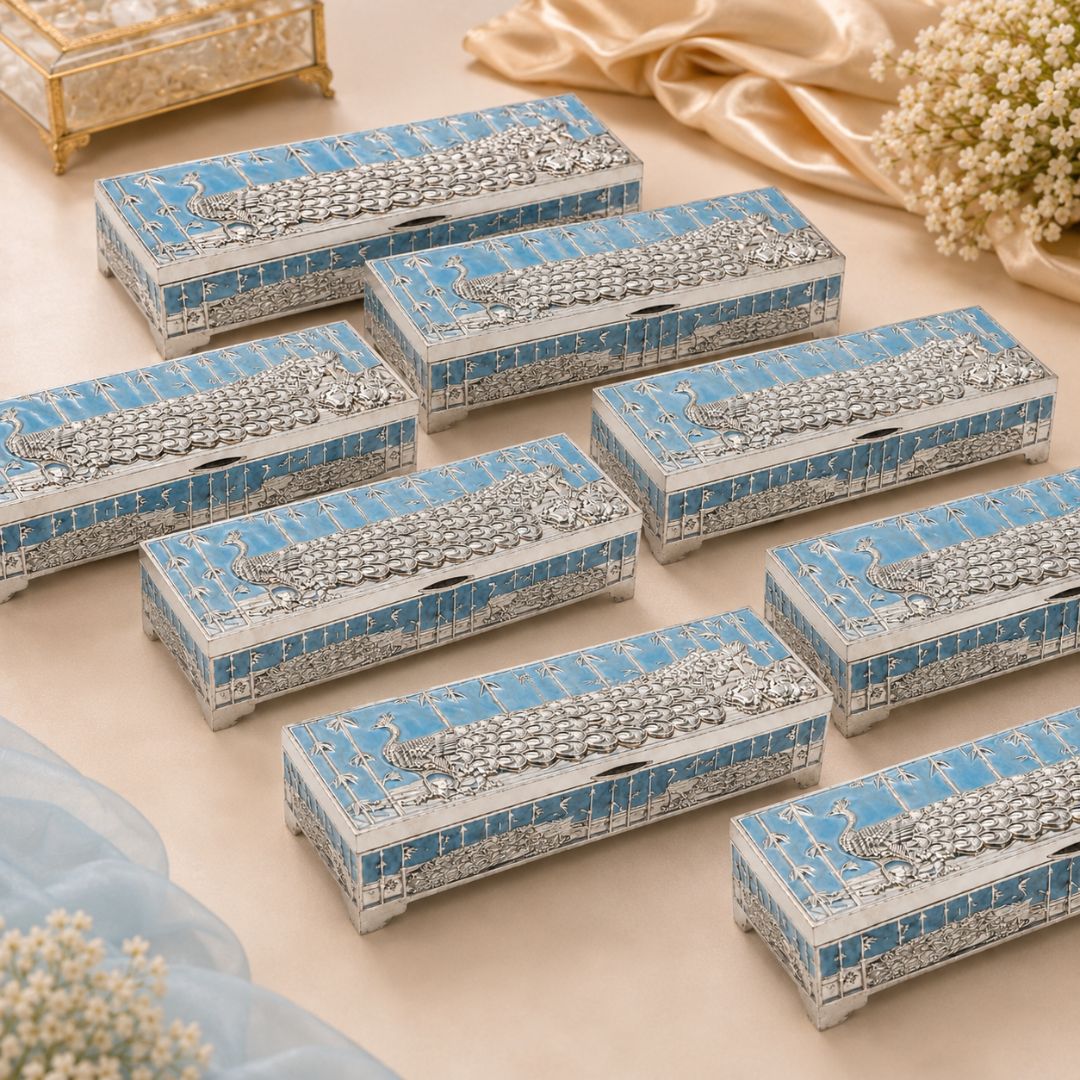 Premium German Silver Peacock Dry Fruit Box with Blue Enamel Finish (9 x 3.5 x 2 Inch)