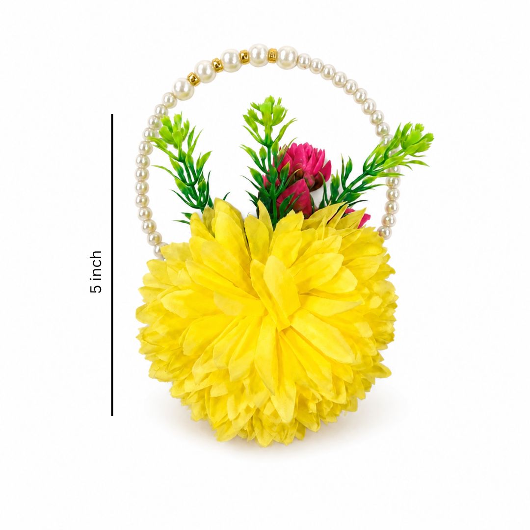 Set of 5 Yellow Pearl Handle Floral Decorative Accessories for Hamper & Trousseau Packing