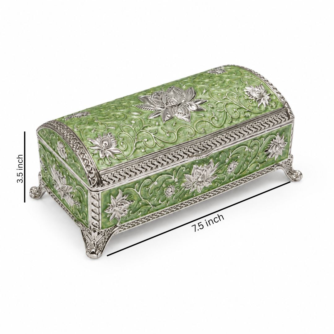 Luxury German Silver Floral Long Storage Box – Green Enamel Finish (7.5 x 3.5 Inch)