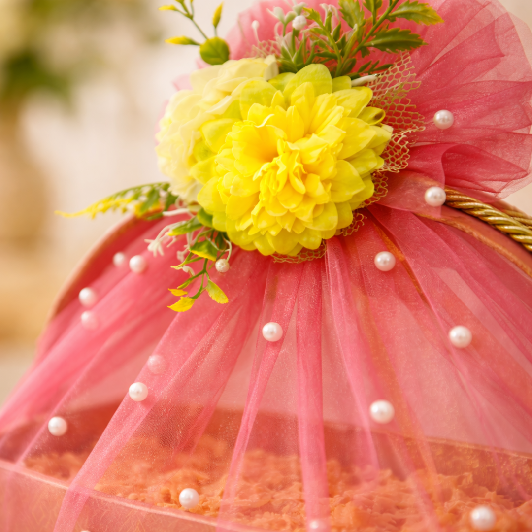 (Set of 3)Premium Peach Net Gift Basket with Floral Top –  (11 x 15 Inches)