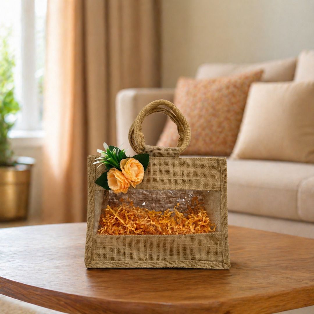 (Set of 5)Premium Jute Gift Basket with Transparent Window & Floral Accent – 11 x 13 Inch