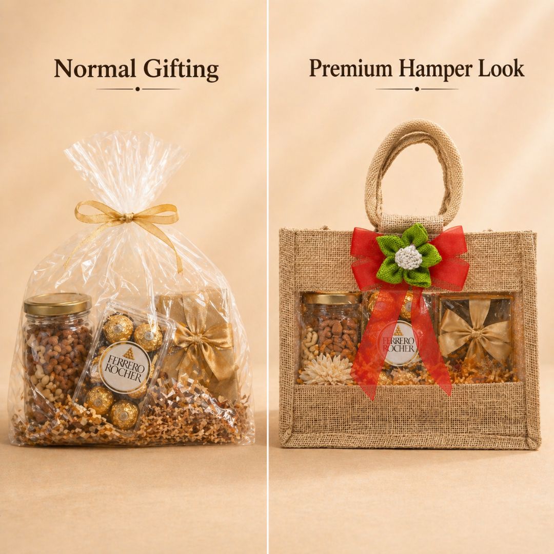 (Set of 5)Premium Jute Window Gift Basket with Handle & Floral Ribbon – 10 x 8 Inches