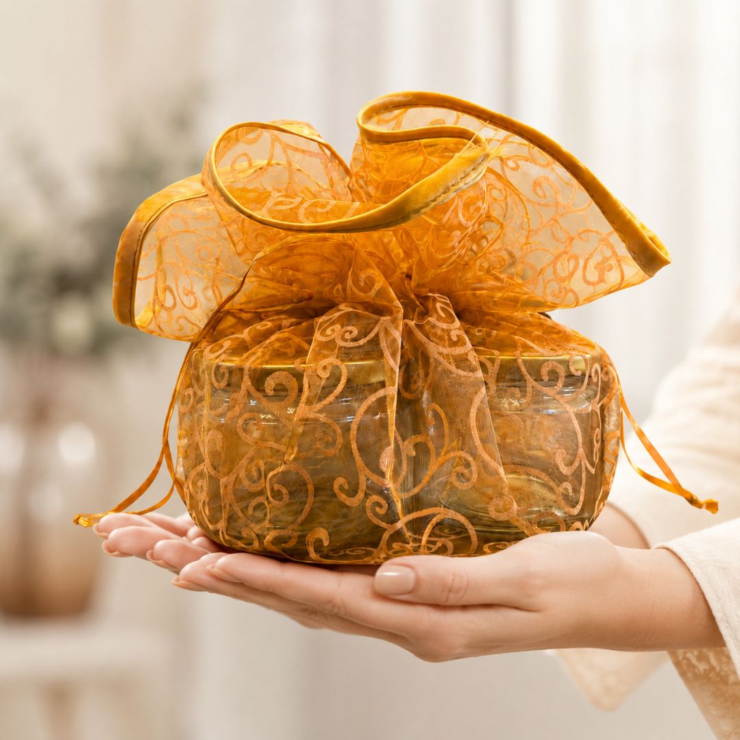 Orange Organza Potli Gift Bag Pack of 5 with Golden Base
