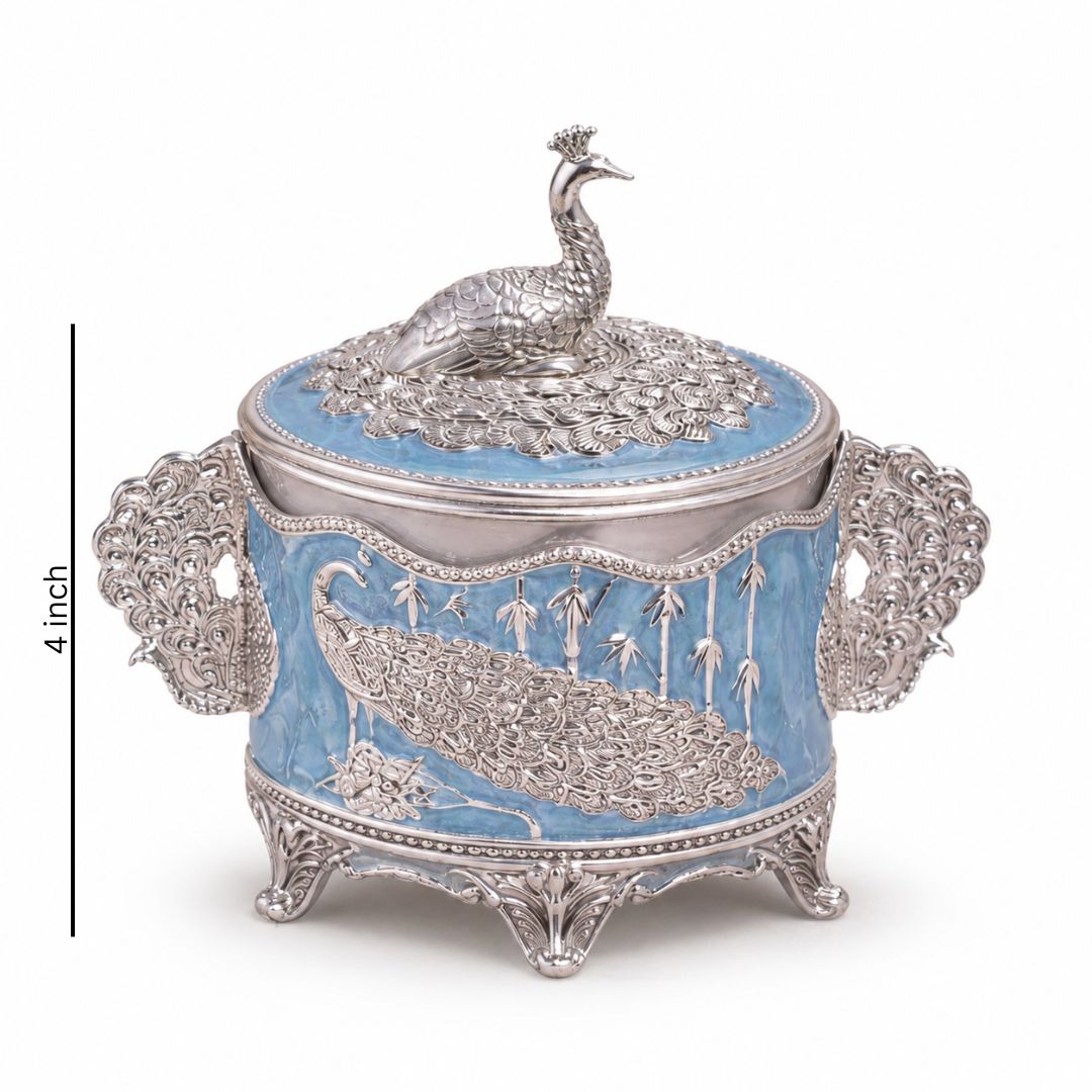 German Silver Peacock Round Jar with Lid – 6 Inch Luxury Sweet & Dry Fruit Box - Adscraft.in