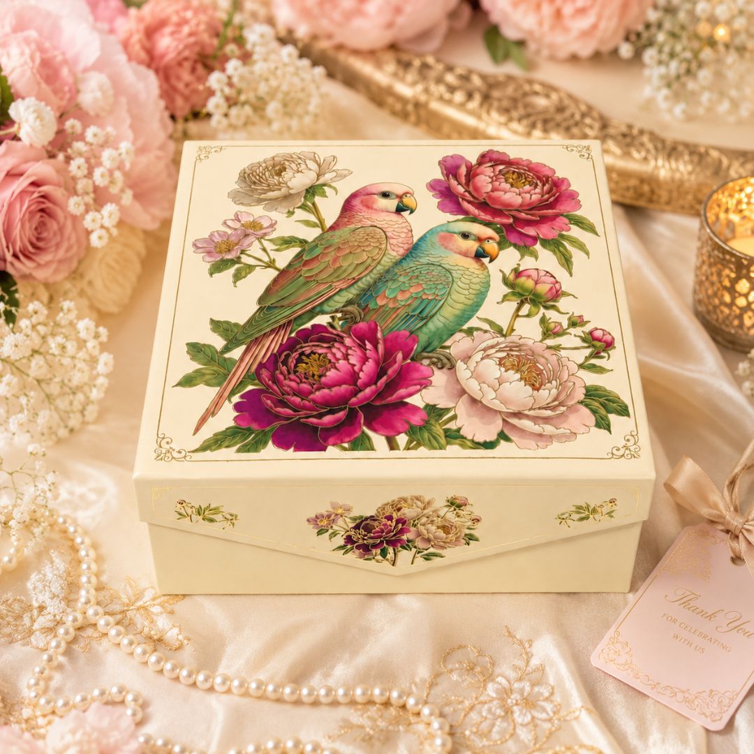 Pack of 5 Parrot Floral Printed Square Gift Box – Premium Hamper Packaging Box - Adscraft.in
