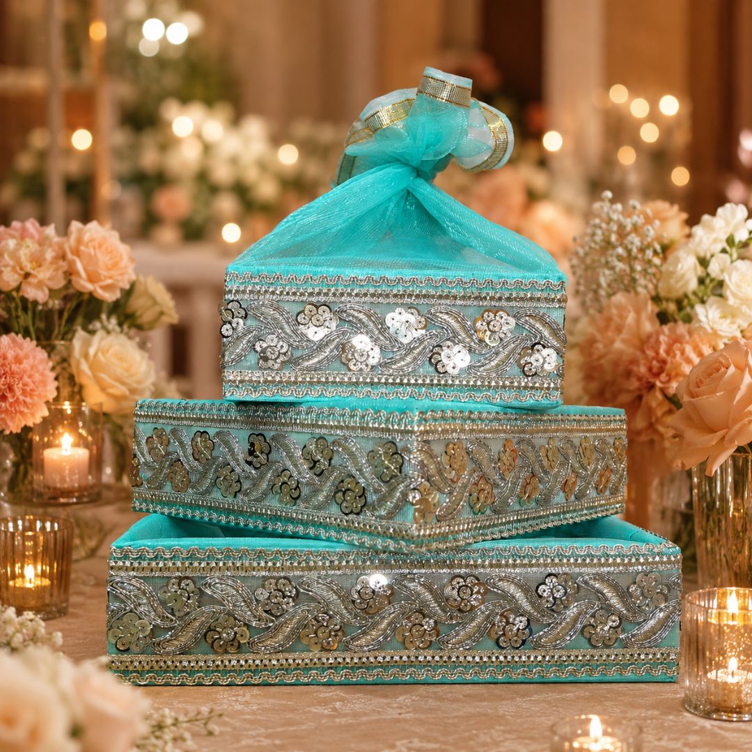 Set of 3-Turquoise Silver Embroidered Wedding Hamper Basket  Set