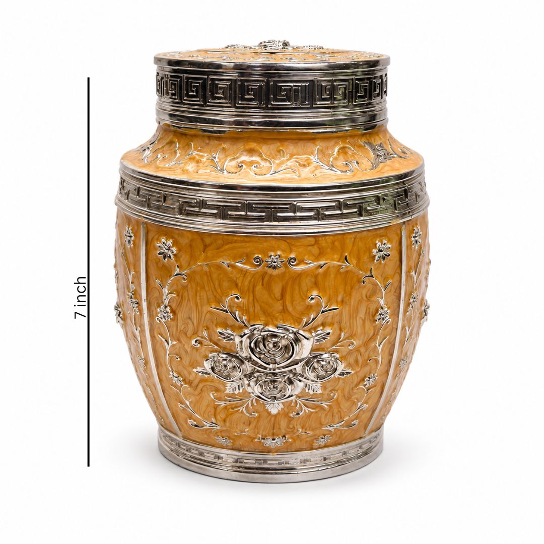 Luxury Orange Floral Silver Finish Storage Jar with Lid (7 x 5 Inch)