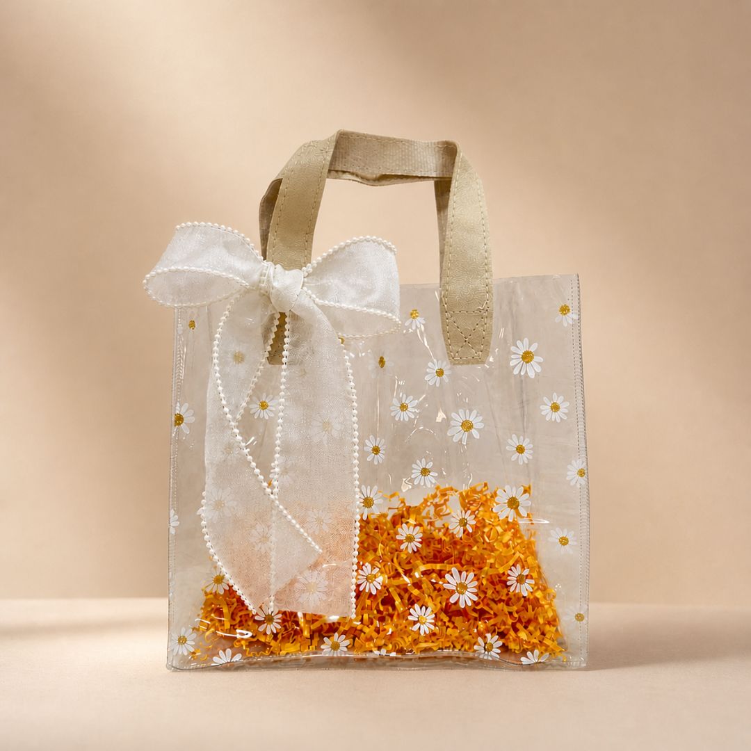 (Set of 5)Premium Transparent Floral Gift Bag with Bow Handle – 10 Inch x 14 Inch Sizes