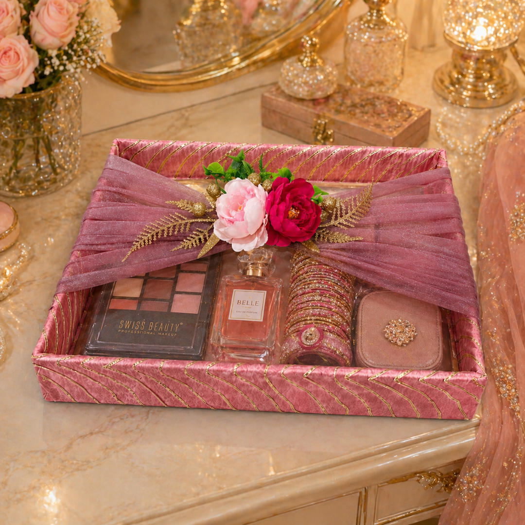(Set of 2)Premium Pink & Gold Floral Net Gift Tray Set – Decorative Wedding Trousseau Trays - Adscraft.in