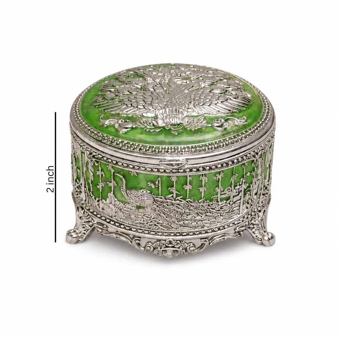 Royal Peacock Enamel Silver Jewellery Box – 3 Inch (Green Finish)