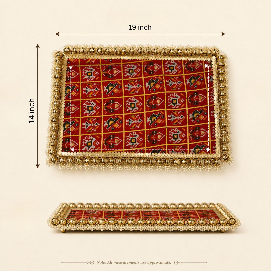 Red Patola Pearl Border Wedding Trousseau Tray