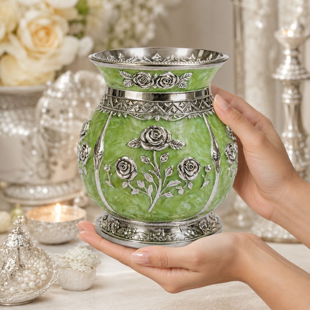 German Silver Floral Kalash with Green Enamel Work