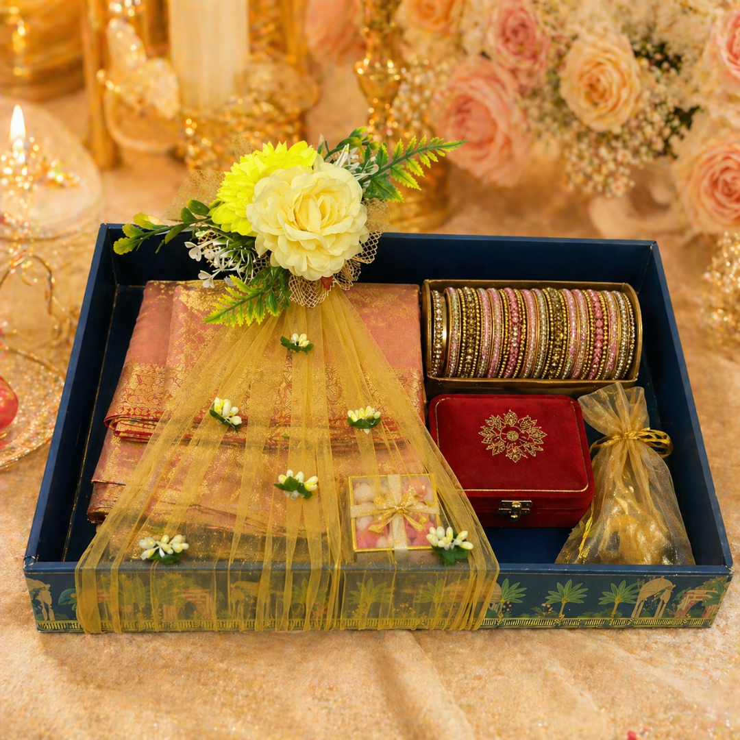 (Set of 3)Premium Navy Blue Ready-to-Use Gift Tray with Yellow Net & Floral Decor (16 x 12 Inch) - Adscraft.in
