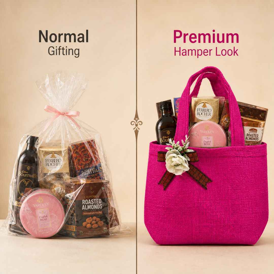 (Set of 5)Premium Pink Jute Gift Bags  with Floral Bow – 11 x 15 Inches