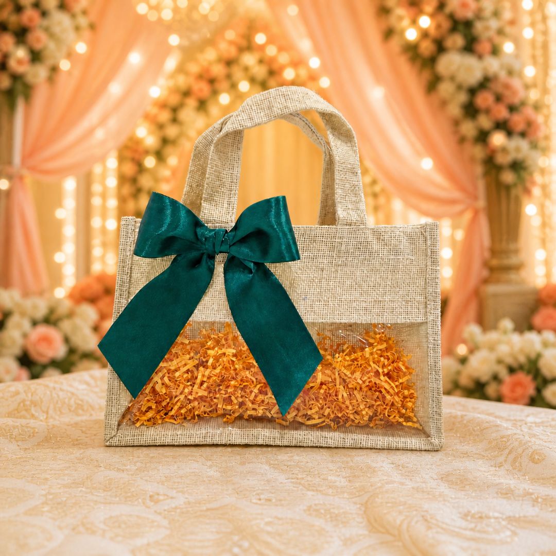 (Set of 5)Premium Jute Gift Bags with Transparent Window & Satin Bow – (12 x 12 Inch)