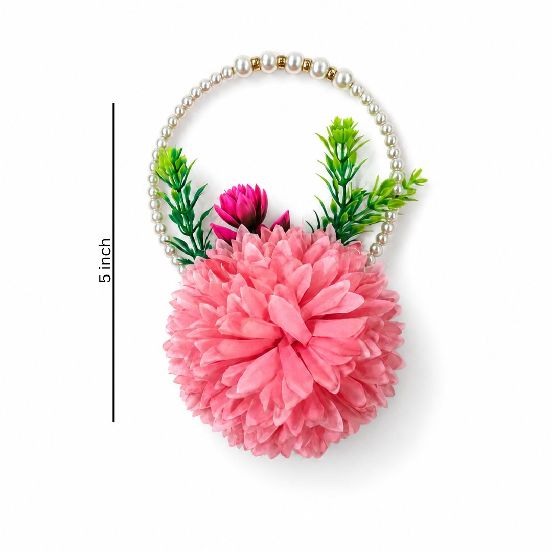 Set of 5 Coral Pink Pearl Loop Floral Decorative Accessories for Hamper & Trousseau Packing