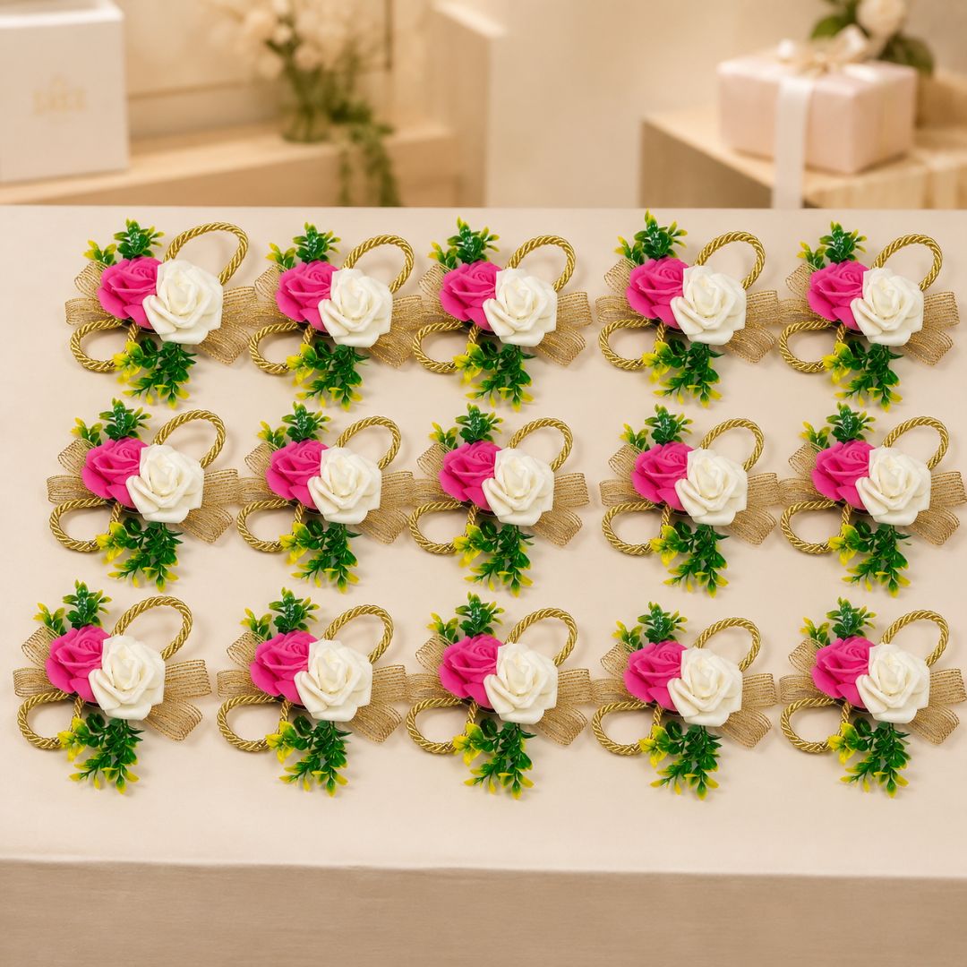 Pack of 5 Pink & White Rose Golden Ribbon Decorative Accessories