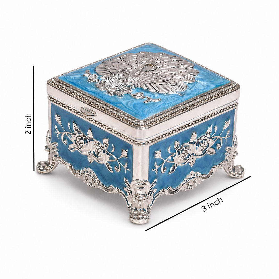 Premium Peacock Design German Silver Jewelry Box – Sky Blue (3 x 3 Inch)