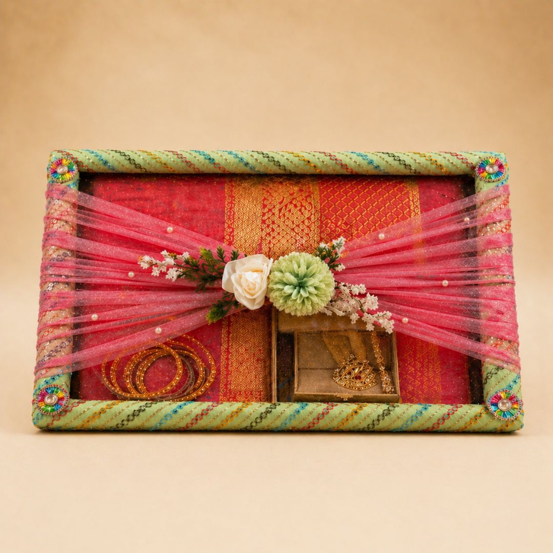 (Set of 3) Classic Green Brocade Trousseau Trays with Organza & Floral Decor – Wedding Gift Packing Made Elegant